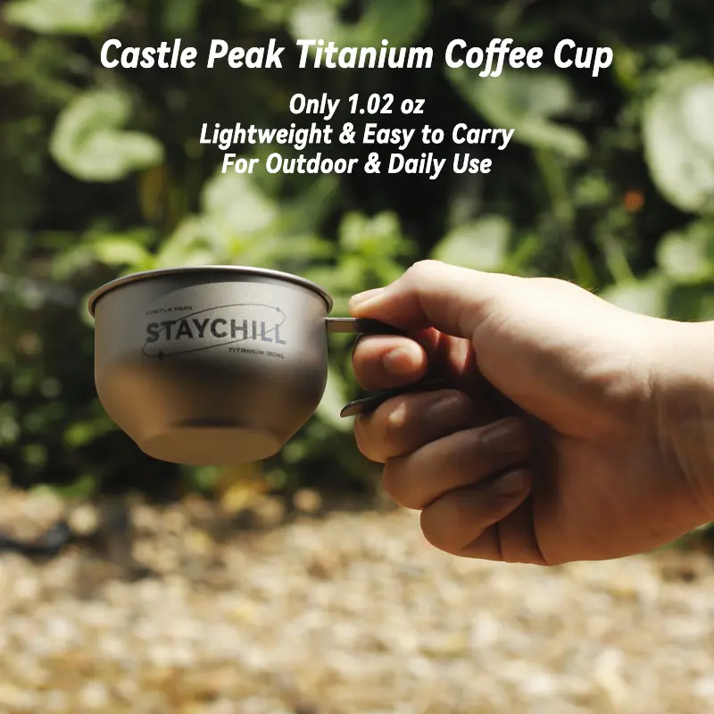 CASTLEPEAK Sustainable Ergonomic Pure Titanium Metal Coffee Cup - 6.09 fl oz Ultralight Collapsible Portable Camping Cup with Anti-Scalding Handle, Camp Kitchen Tableware for Hiking,Camping