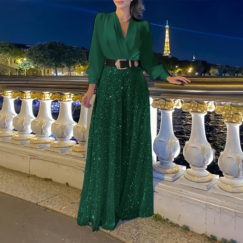 [Glamorous Emerald Dress] Elegant Emerald Green Sequined V-Neck Maxi Dress - A-Line Evening Gown for Women, Polyester Spandex Blend, Long Sleeve, Perfect for Spring & Fall, Glamorous Parisian Style, Fall Clothing | Aline Silhouette