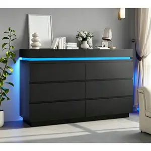 Modern 6 Drawers Dresser with Sliding Desktop, Wide Chest of Drawers with Charging Station & LED Lights, Large Storage Tower Clothes Organizer, Dresser for Bedroom summergarden
