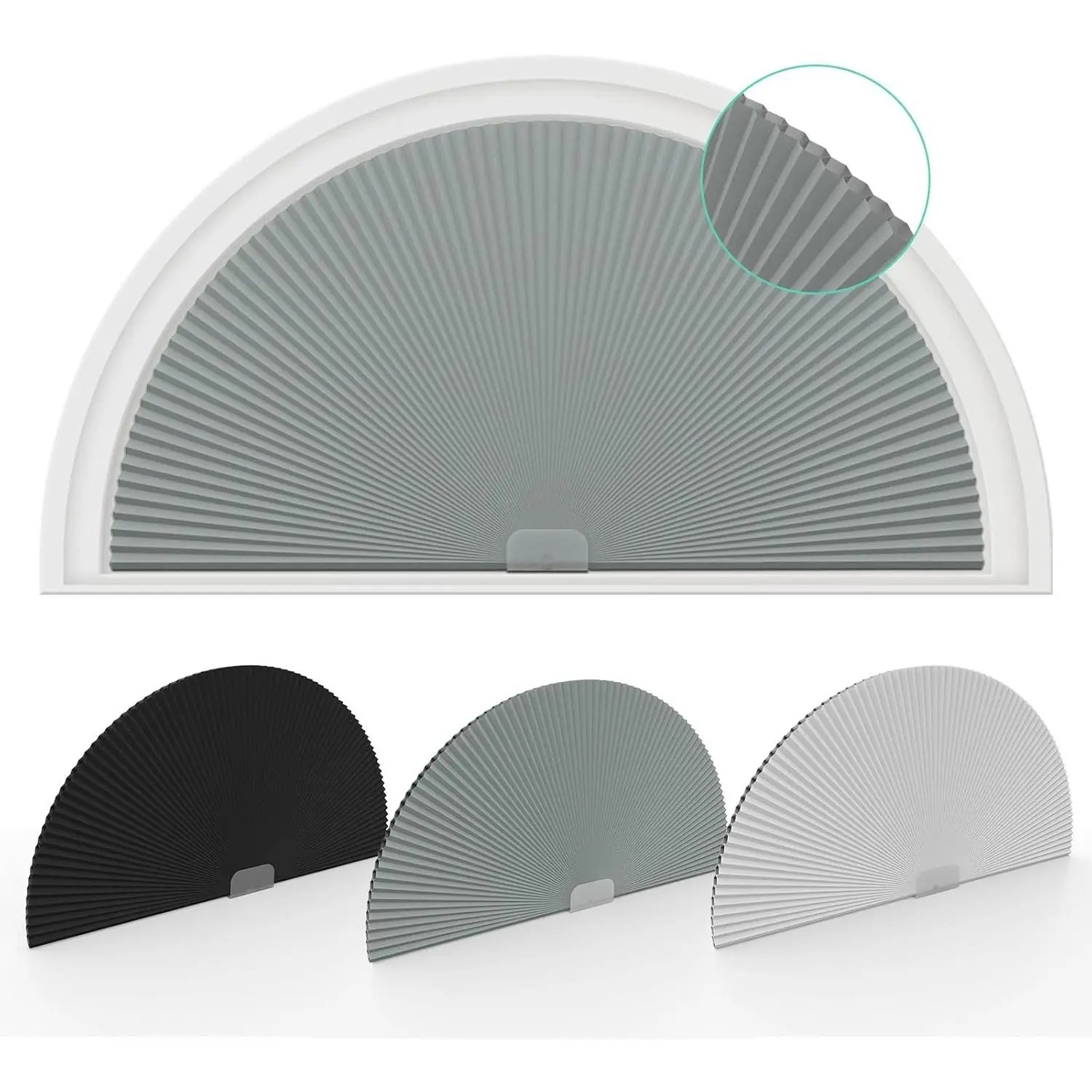 Changshade 24" Radius Half Moon Blackout Pleated Arch Window Shades, No Drill Half Circle Cellular Shades, Easy Cut & Install