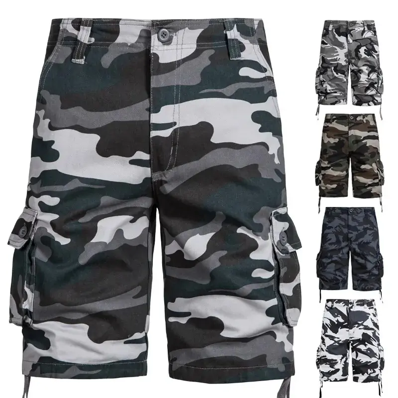 Multi-Pocket Men's Summer Cotton Camouflage Shorts Loose Casual Straight Cargo Mid-Length Thin Shorts for Outdoor Wear