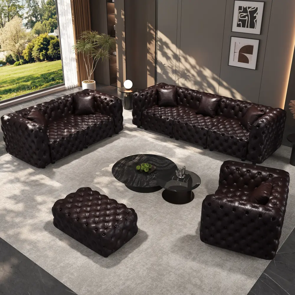 Modern Sofa Set, Faux Leather Upholstered Modular 6-Seater Sectional Couch with Pure Handmade Button Tufted Design,1 Ottoman & 6 Pillows, Multi Combination for Living Room,Dark Brown