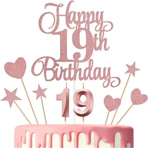 19th Birthday Cake Decorations Set - Rose Gold Glitter Happy 19th Birthday Cake Topper & Numeral Candles for 19th Birthday Party Supplies