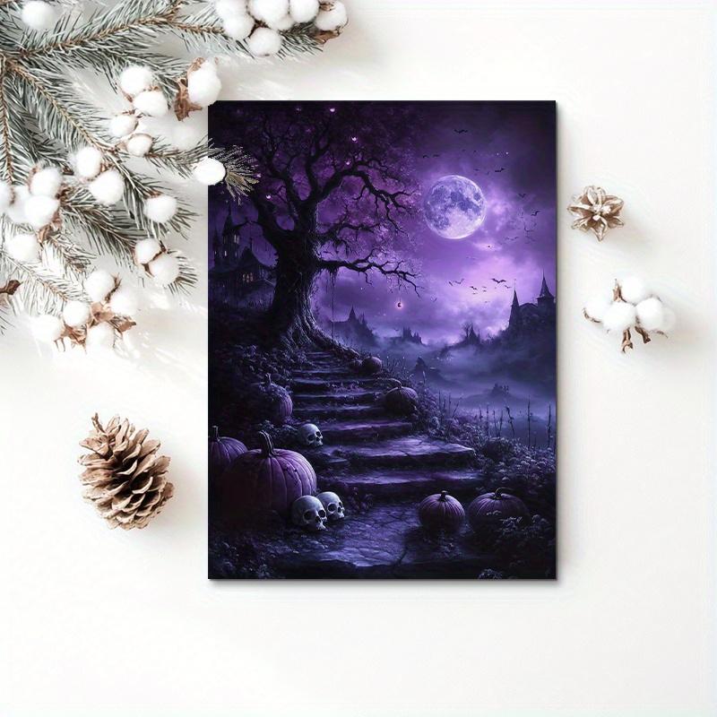 Frameless Gothic Tree and Moon Halloween Canvas Art Poster, Black Purple Sky , Exquisite Decorative Mural for Living Room, Bedroom, Corridor, Office - Ideal Gift for Friends Ornaments Decoration Wall Artistic