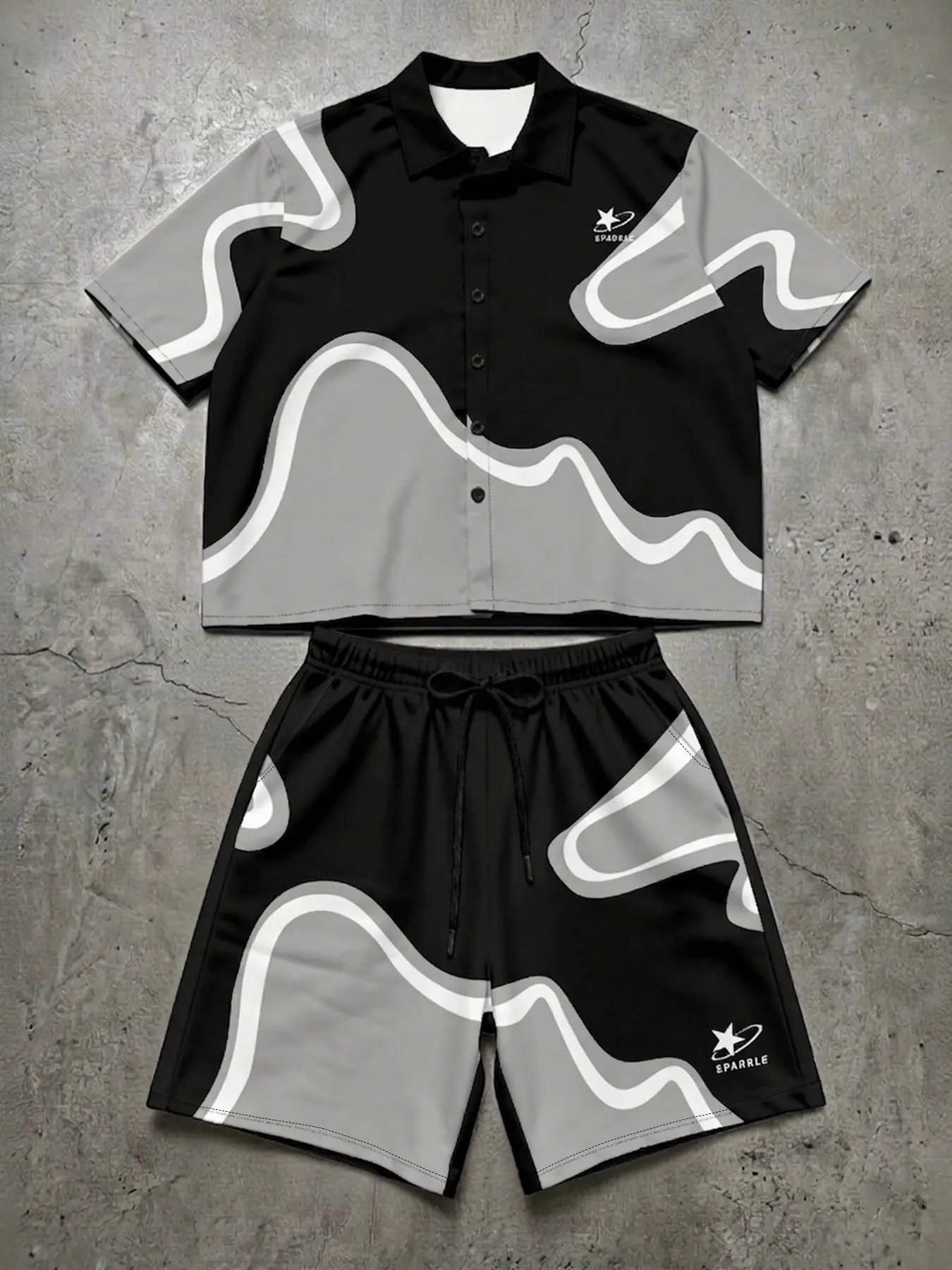 Men's 2 Piece Outfits Retro Blokecore Sporty Abstract Wave Print Short Sleeve Shirt and Shorts Set Matching Tracksuit for Men Casual