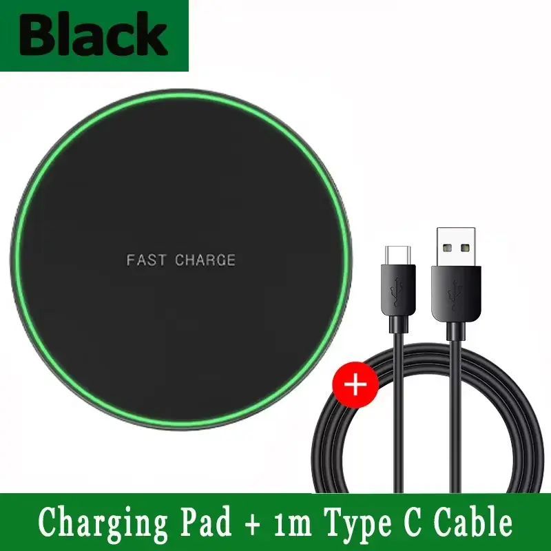 LED Light Wireless Charger Pad - 6mm Lightweight Non-Slip USB Type C Fast Charging Adapter for iPhone 17/16/15/14/13/12 Pro Max, Samsung S25, Xiaomi Devices & AirPods 4/3/Pro2/1 Cable-Free Station, Device, Black C-C Cable