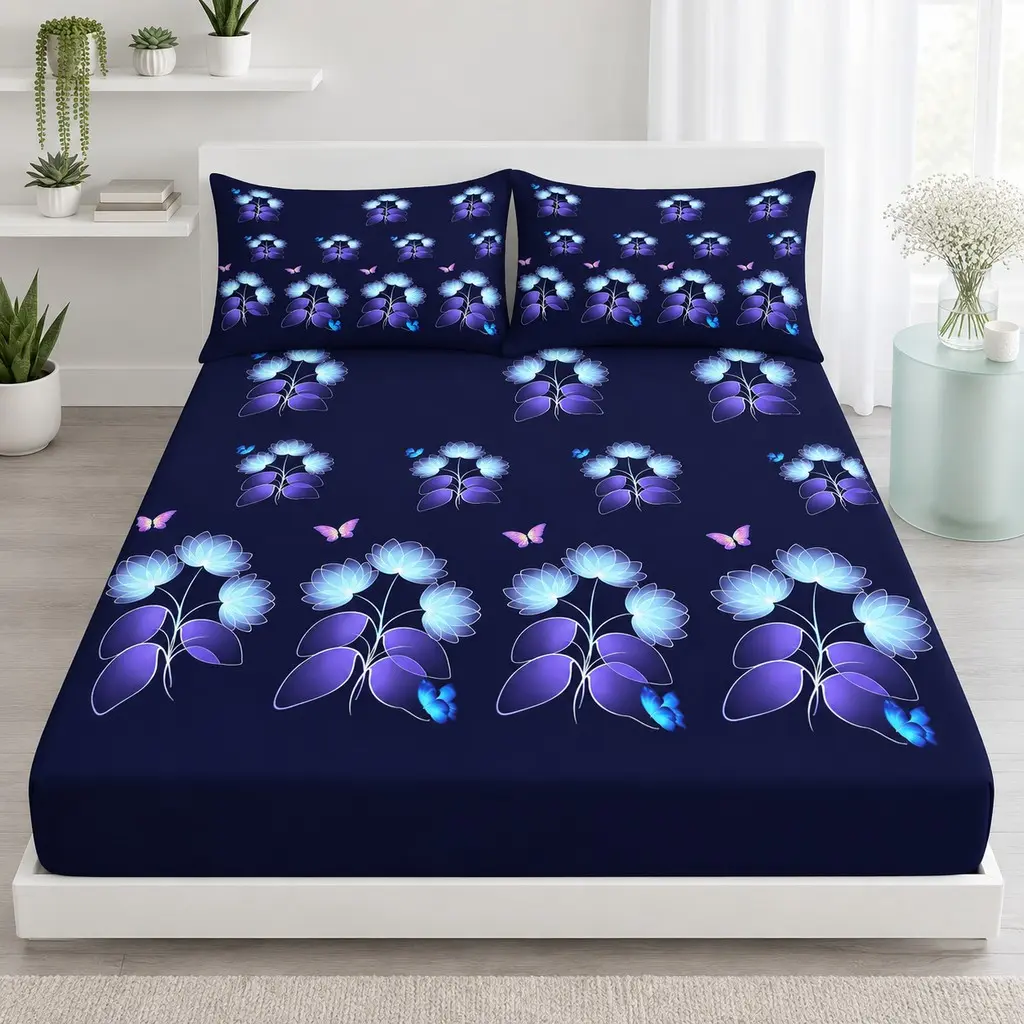 3Pcs Navy Blue Butterfly Floral Fitted Sheet Set, Beautiful Printed Bedding Set, 25cm Deep Pocket, Includes 1 Fitted Sheet + 2 Pillowcases (No Fillings), Holiday Gift for Friends, Suitable for Bedroom, Guest Room, Dorm, Hotel