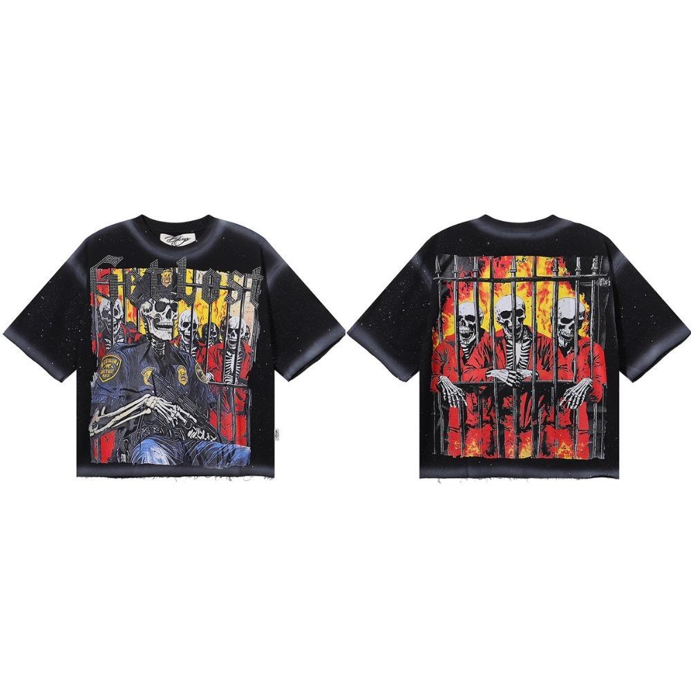 Vintage Washed Heavyweight BKYS Hip Hop T-Shirt, Bling Rhinestone & Hot Stamping Glitter Graphic, Retro Y2K Streetwear Loose Cotton Short Sleeve Tee for Men Women