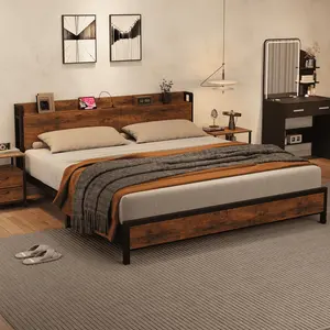 Garvee King Size Bed Frame with Storage Headboard, Industrial Style Platform Bed with Built-in Charging Station and USB Ports, No Box Spring Needed, Easy Assembly, Rustic Brown Finish