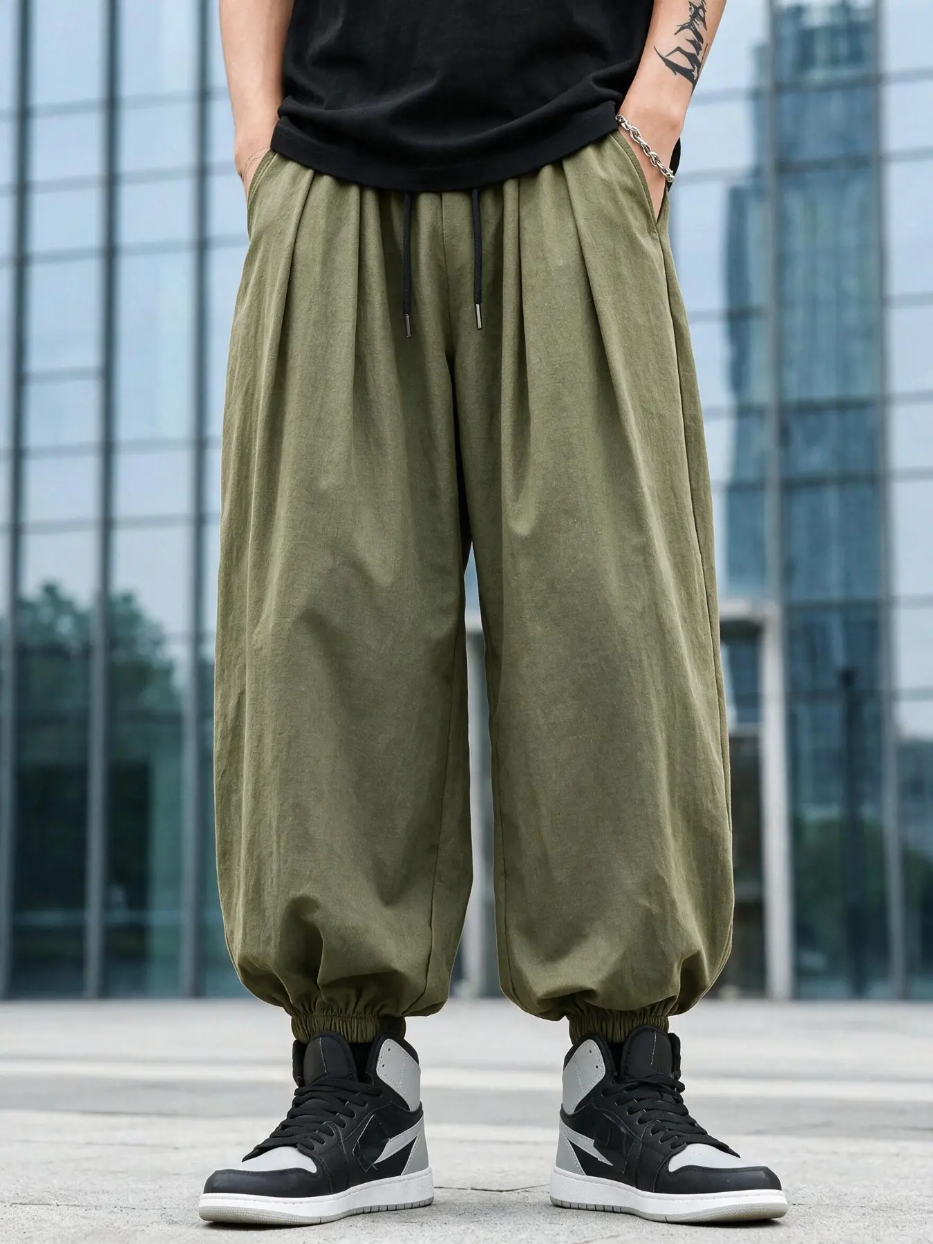 Men's Solid Color 100% Polyester Balloon Pants, Elastic Waist Drawstring, Loose Fit Wide Leg, Anti-Wrinkle Soft Fabric, Casual Streetwear