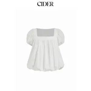 Cider Cotton-blend Square Neck Puff Sleeve Ruched Bubble Hem Blouse Dealsforyou