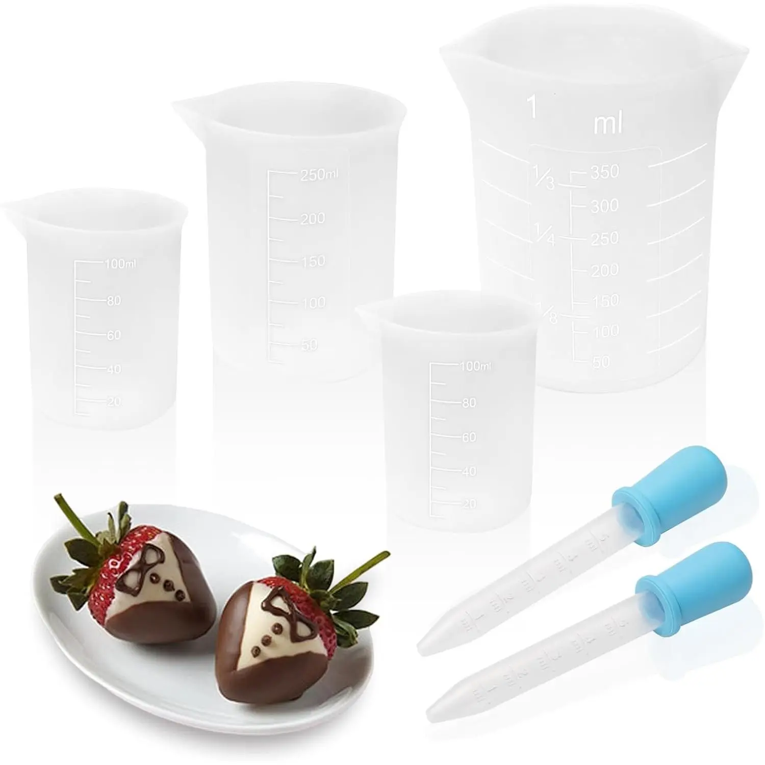 Silicone Cups for Melting Chocolate, 4Pack 100/250/350ml Capacity Silicone Measuring Cups with 2Pcs 5ml Droppers,Reusable Baking Supplies for DIY Chocolate Molds