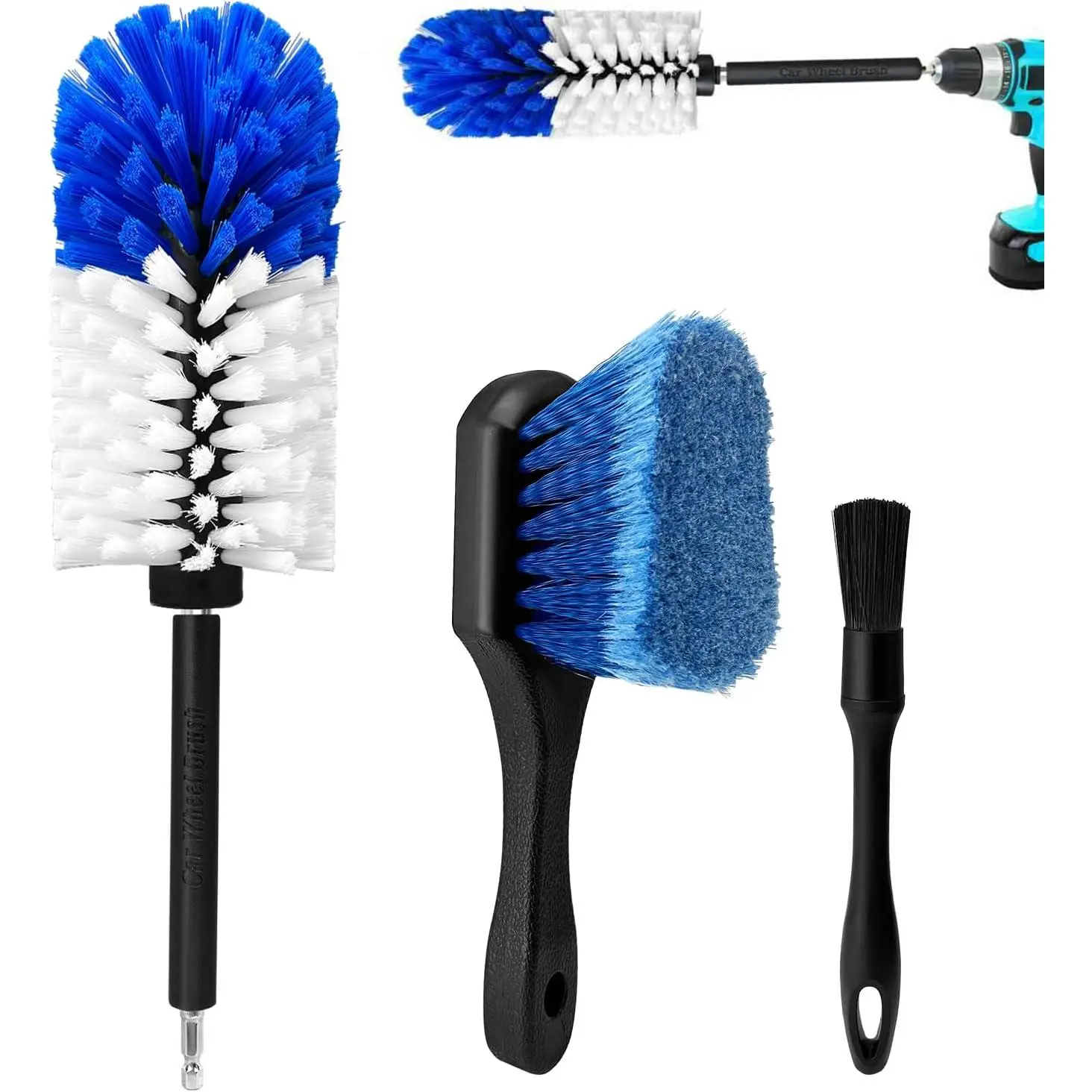 Wheel Brush Kit,Soft Drill Wheel Cleaner Brush, No  Highly Dense  Cleaning Brush Set for Wheels, Tire, Rims, Engines, Exhaust(Blue + White 3 Pk)