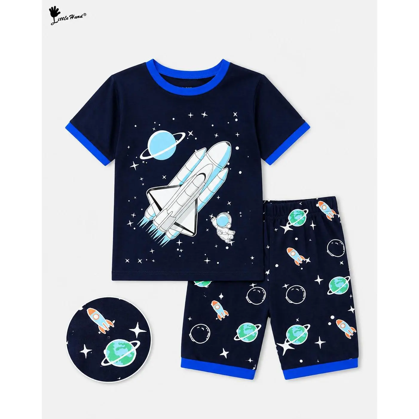 **Little Hand Premium Soft Cotton Boys Pajama Set - Kids Short Sleeve Sleepwear, Space Shuttle Rocket & Planet Themed T-Shirt & Shorts 2-Piece Pajamas for Toddler Boys, Crew Neck, Elastic Waist, Contrast Trim, Soft Breathable Comfy Sleep & Lounge Set, All