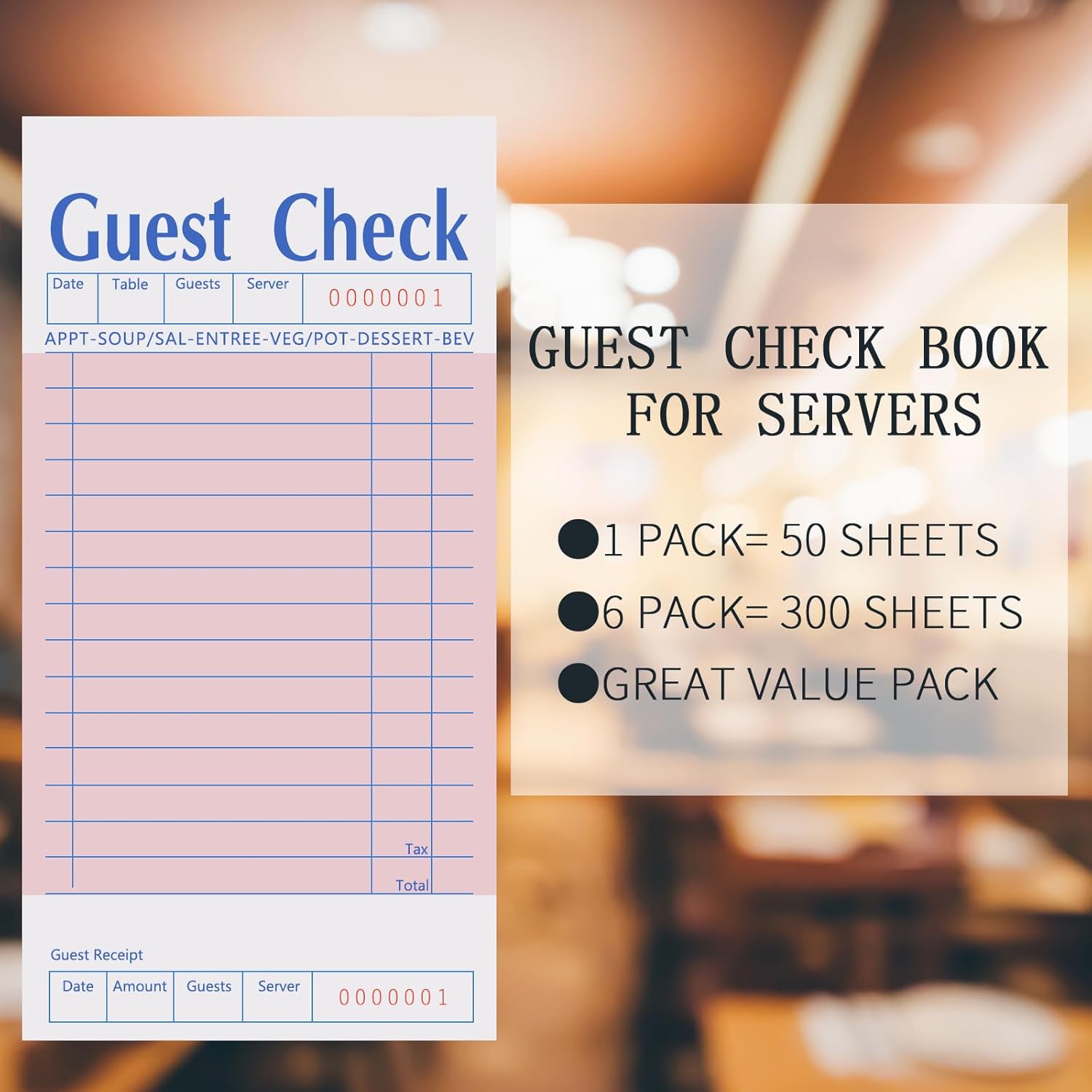 6 Pack  Guest Checks Books for Servers, Server Note Pads, Waiter Checkbook, Waitress Notepad for Restaurants Supplies, Order Pad Paper Checks 50 Sheets/Pack, 300 Total Tickets