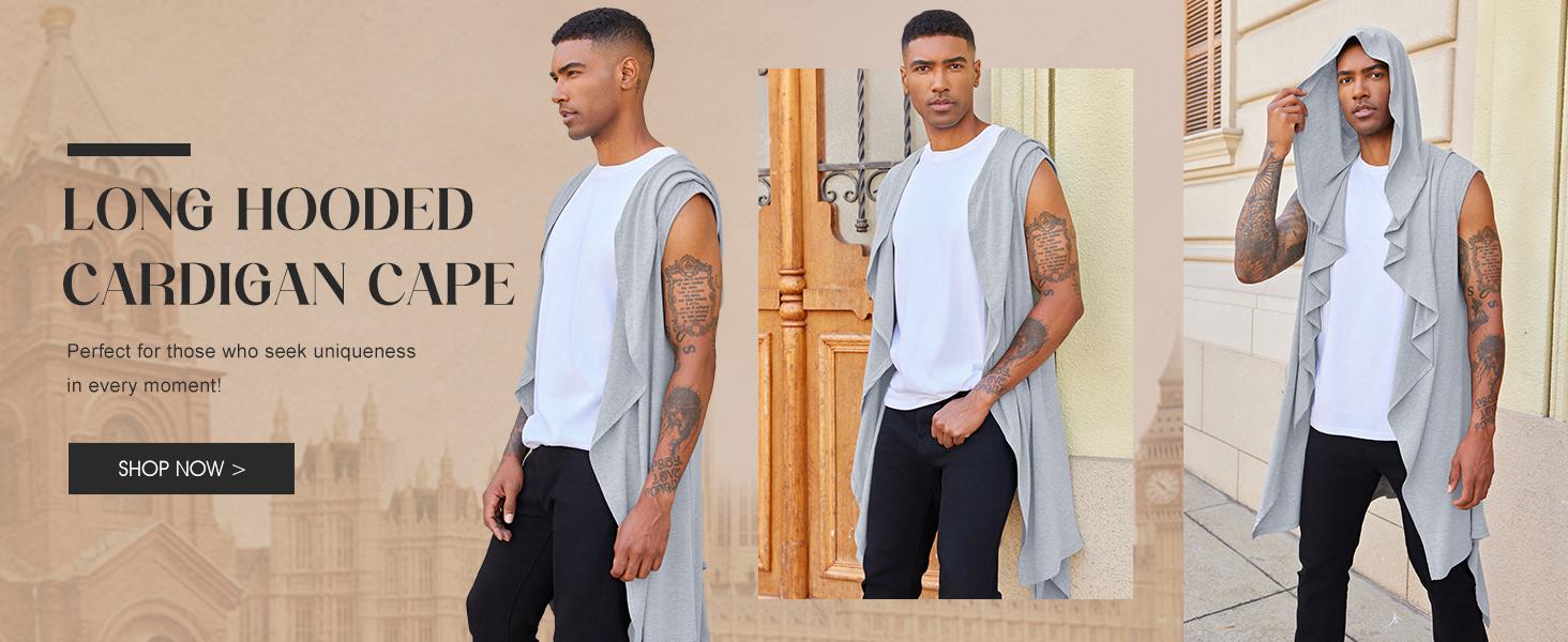 Runcati Mens Hooded Cardigan Sleeveless Ruffle Shawl Collar Open Front Knit Drape Robe