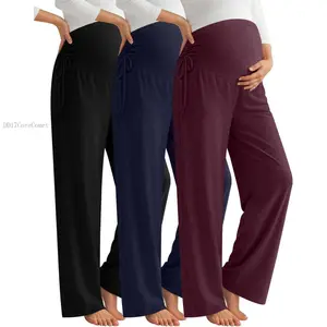 3 Pack Women's Maternity Pants Over The Belly Loose Pregnancy Pants Stretchy Lounge Wide Leg Trousers with PocketsDD17CoreComet
