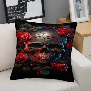Accent Pillow Gothic Vine Red Rose Skull Print Vanity Pillow, Soft Indoor Decor Cushion, Designed for Grunge Gothic Bedroom, Guy Dorm, Dark Style Display Nook, Viral Spooky Gothic-Themed Room Ambience Decor