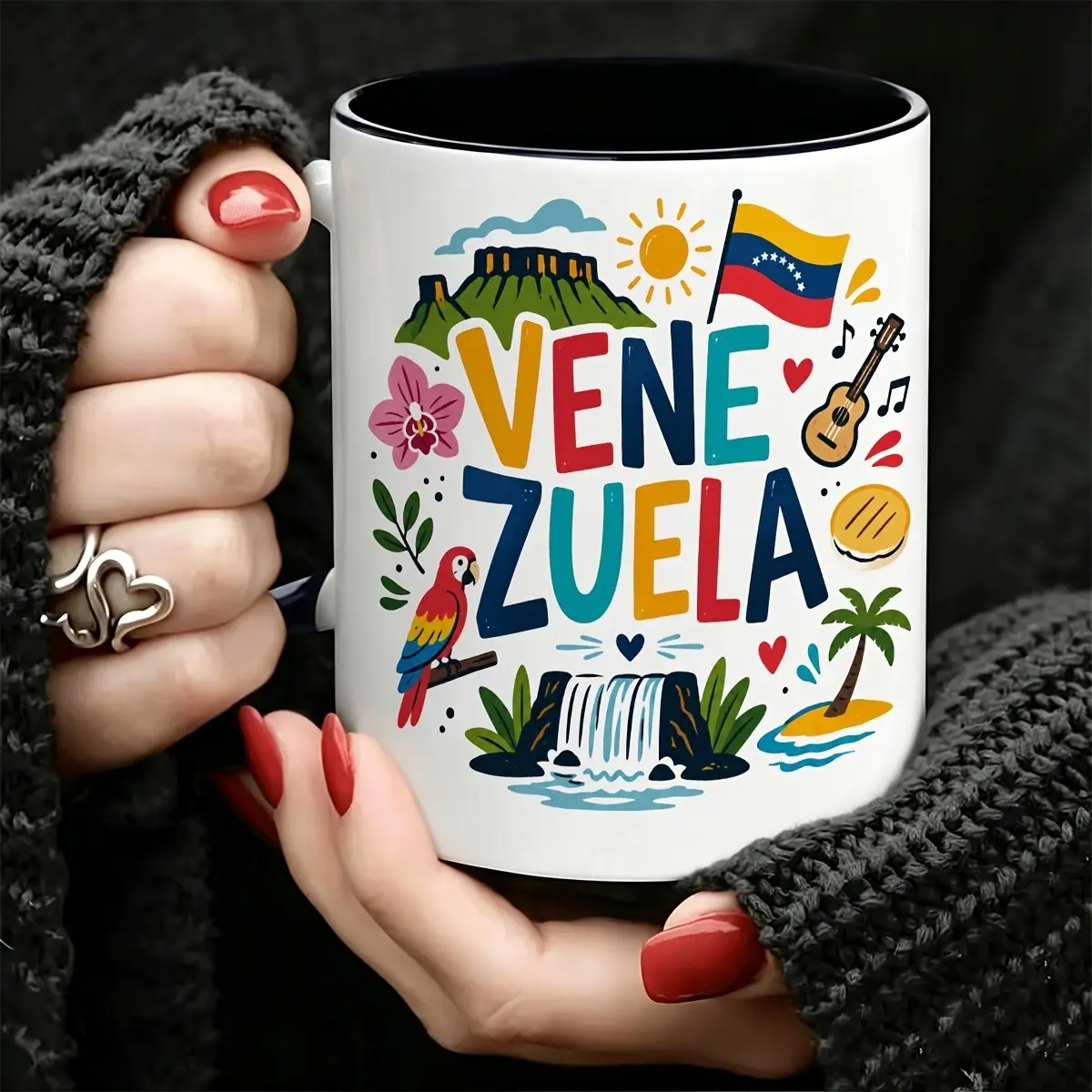 Vibrant Venezuela-Themed Ceramic Mug with Parrot & Angel Falls Design - Colorful Suitable for Travel Enthusiast Gift, Coffee Tea Cup for Venezuela Souvenir, Dishwasher Drinkware for Milk, Birthday, Christmas Present