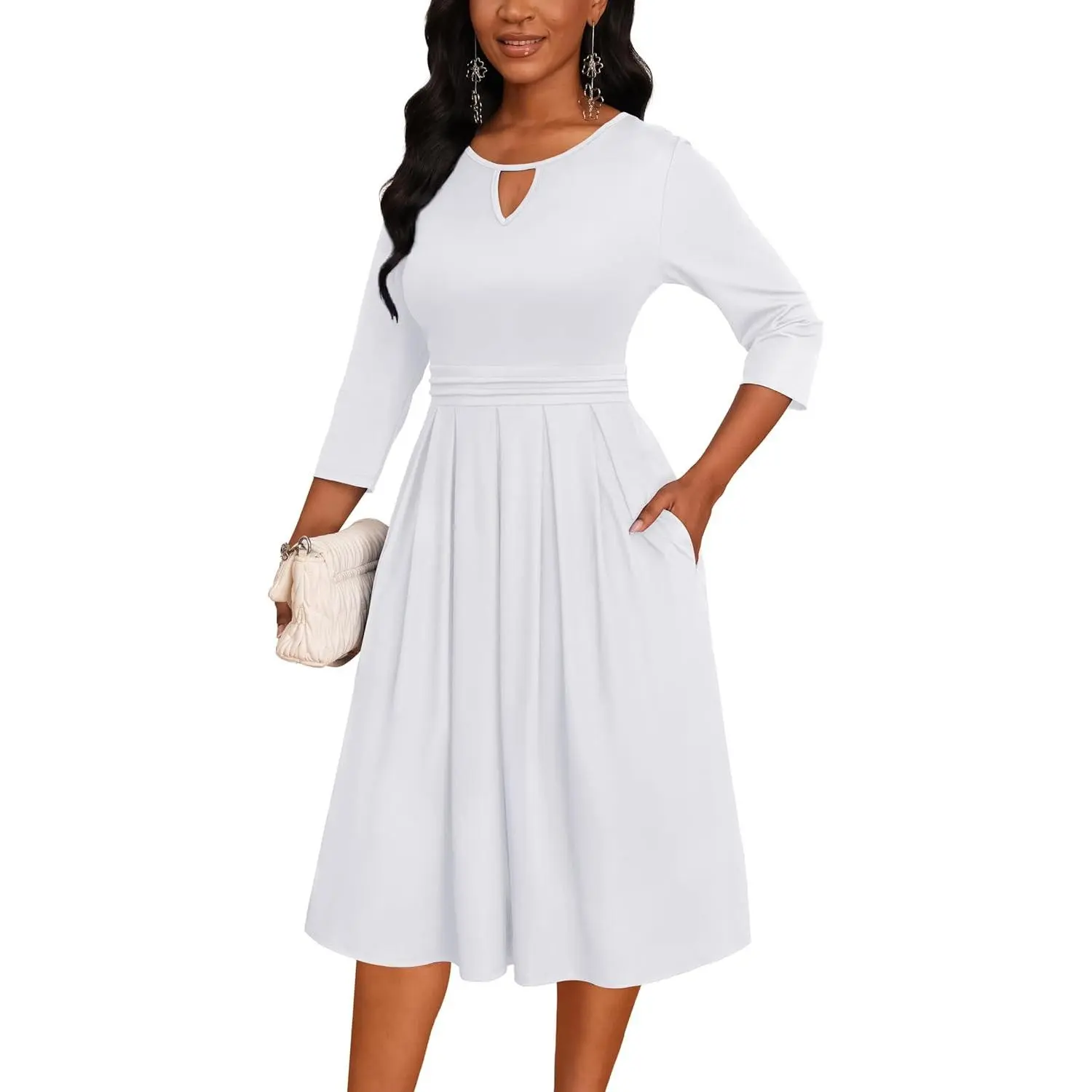 Midi Dress for Women, Casual A-Line Swing Style with 3/4 Sleeves and Pockets, Fit and Flare for Work and Church, Casual Wear, Church‑To‑Casual
