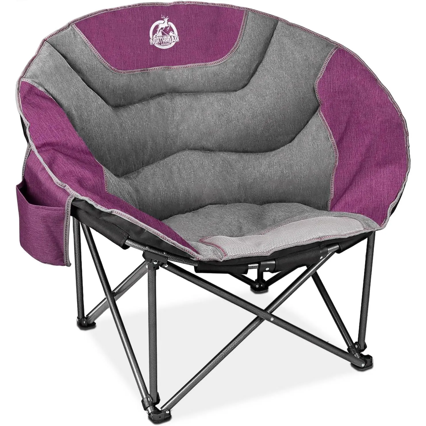 Northroad XXL Camping Moon Chair,Oversized Round Chair,Folding Padded Saucer w/Side Pocket,500lbs Capacity for Outdoor Hiking Fishing Picnic Lawn,Purple&Grey