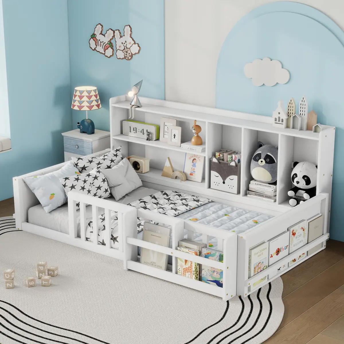 [Bellemave] Twin Size Wooden Platform Bed Frame with Guardrail Fence, Side Storage Shelves & Book Shelf, Space Saving Floor Bed Frame
