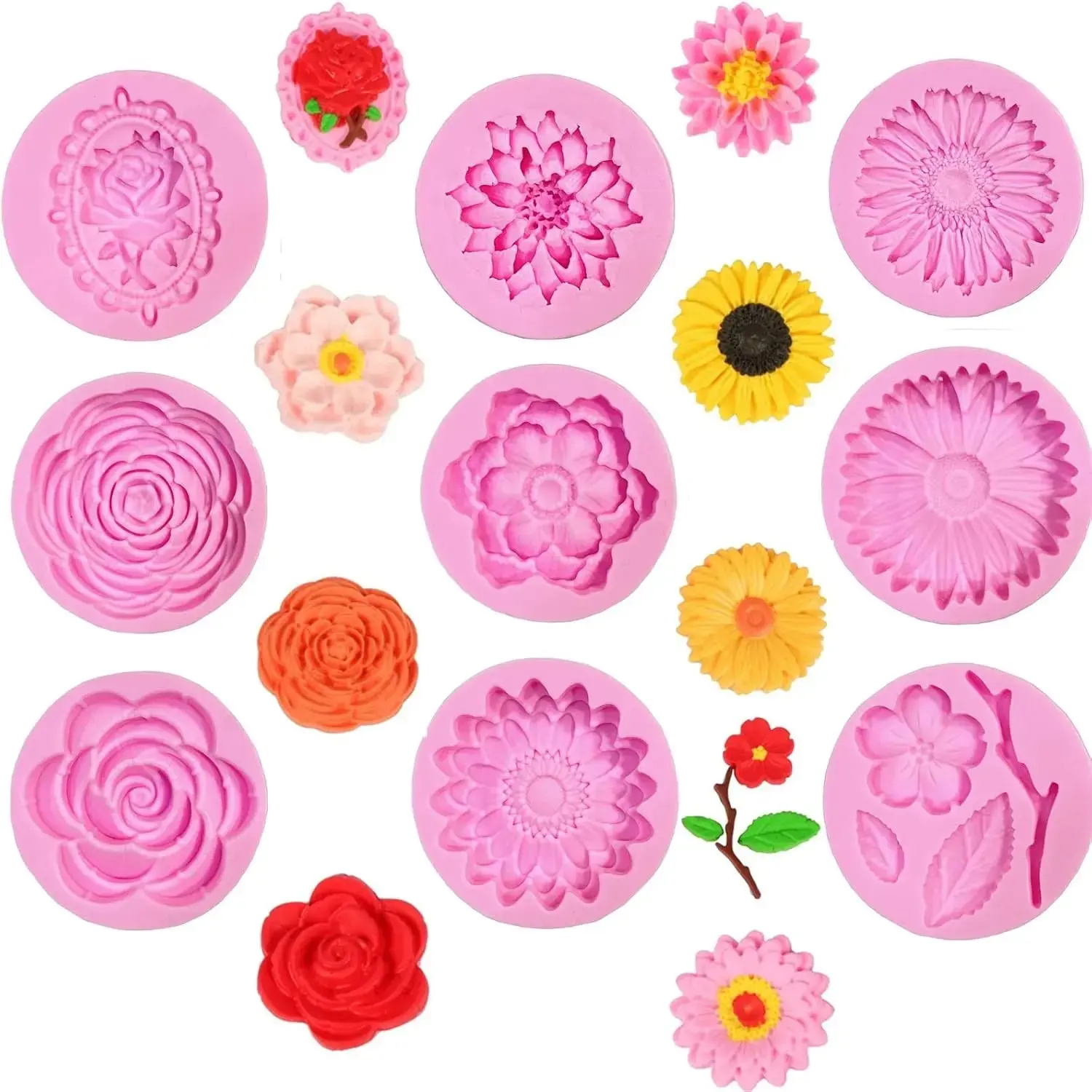 9pcs Floral Silicone Fondant Molds - Reusable Non-Stick Cupcake Decorating Tools with Roses, Daisies, Sunflowers & More for Chocolate, Soap, Candy, Cookies - Easy Release Baking Molds for Home Bakers & Professional Decorators Round Shape