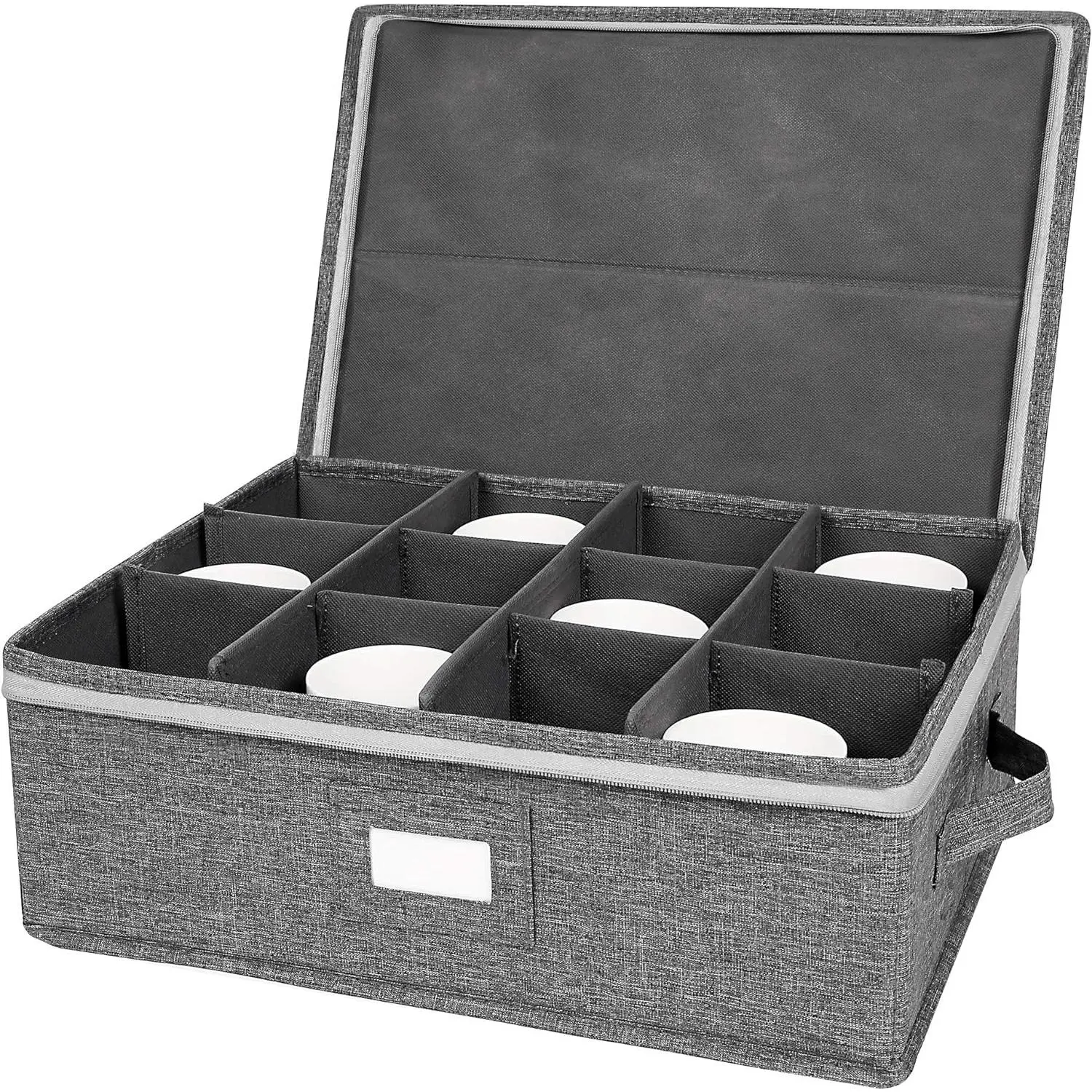 Mug Storage Box with dividers,  Coffee Cup Storage Containers | Coffee Mug Storage with Rivet Reinforced Handles, Holds 12 Coffee Mugs and  Cups, Structured Top and Stackable (Grey)