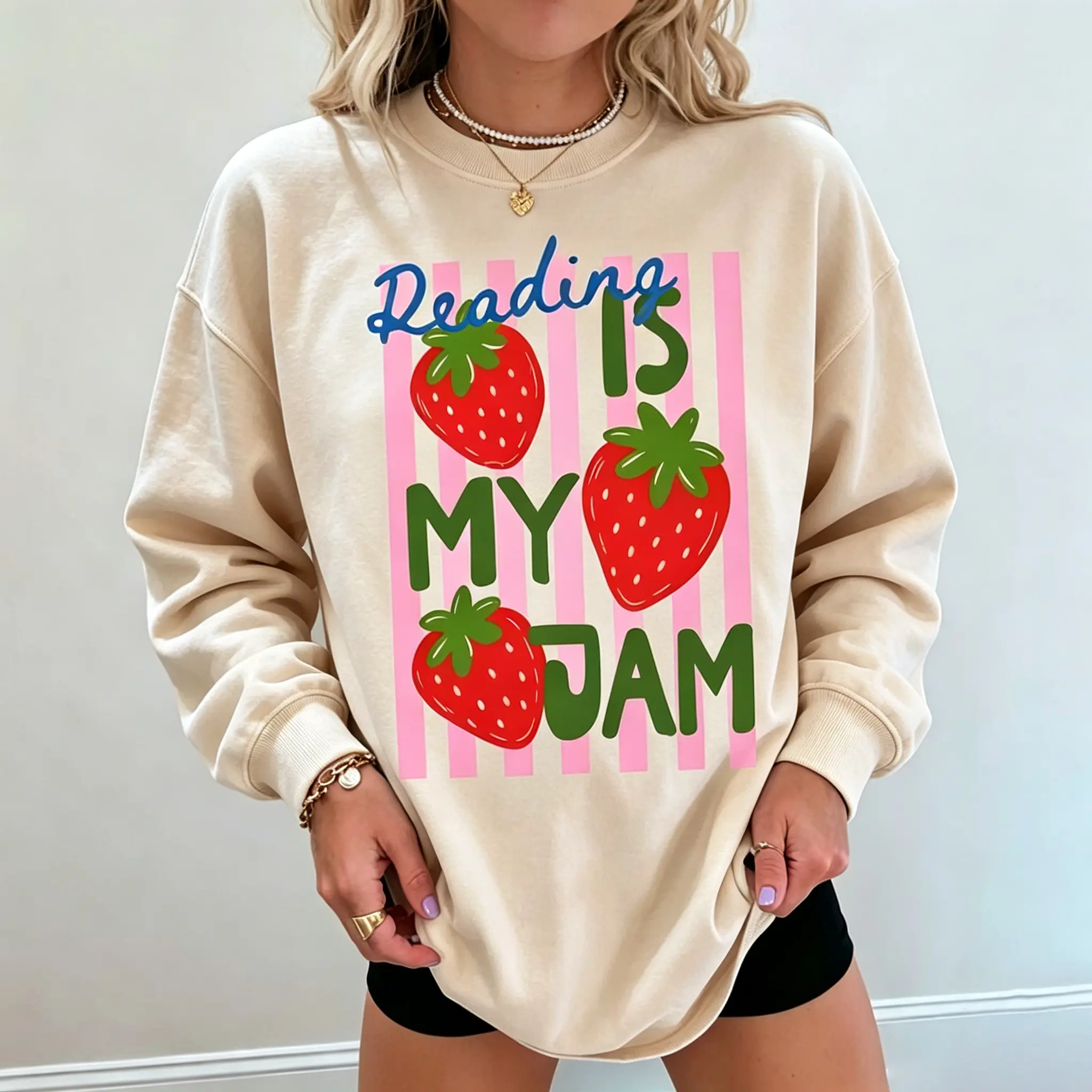 Women's Cotton Longsleeves Loose Round Neck Oversized Strawberry Print Sweatshirt - Cute "Reading Is My Jam" Vertical Stripes Graphic, Soft Fabric, Ideal for Bookish Teachers, Birthday & Everyday Wear