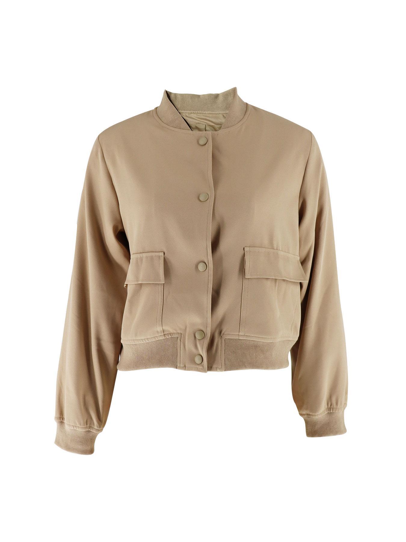 Women's Plain Flap Pocket Crop Bomber Jacket, Casual Long Sleeve Button Front Varsity Jacket, Ladies Outerwear Coats for Daily Wear