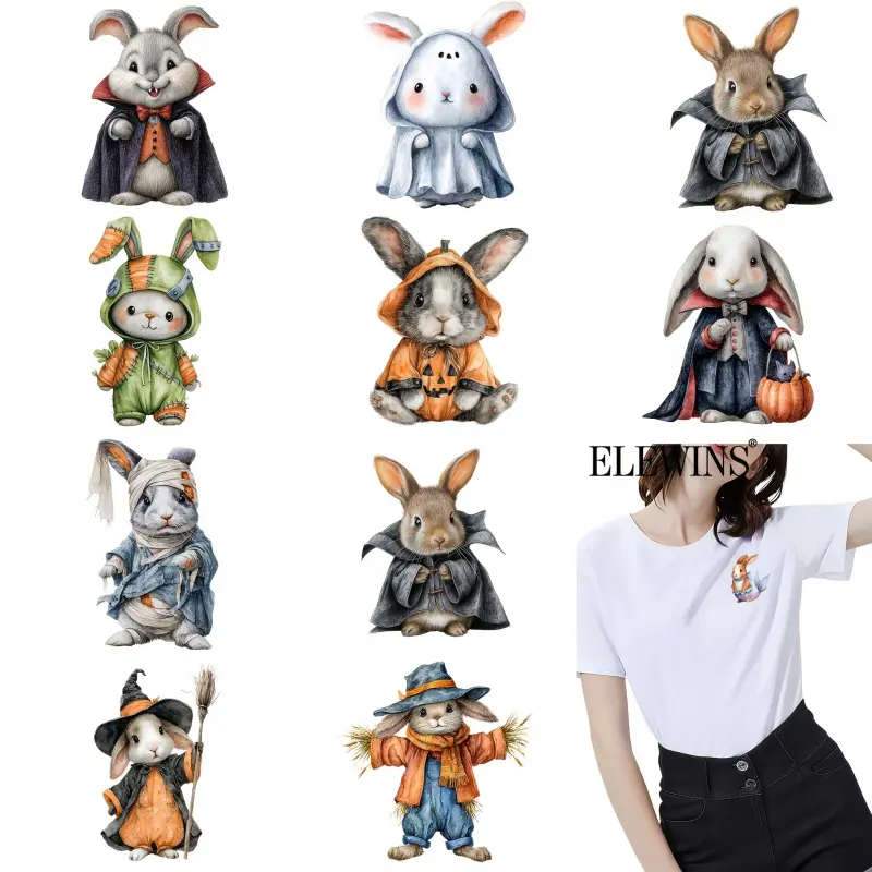 Rabbit Iron on Patches Set 12 Pack with 12 Unique Characters Witch Vampire Mummy for T Shirt Hoodie Jeans Backpack Heat Transfer