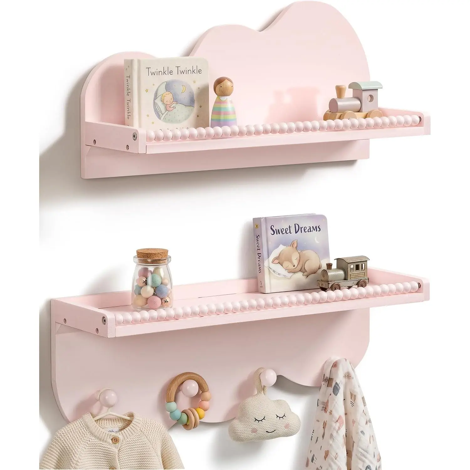 Maxpeuvon Nursery Shelves for Wall, Cloud Pine Wood Floating Shelves, Wall Bookshelf for Kids Toddler Children Room, Storage and Decor, Cute Shelf with Wooden Beads and 4 Hooks, Set of 2 (Pink)