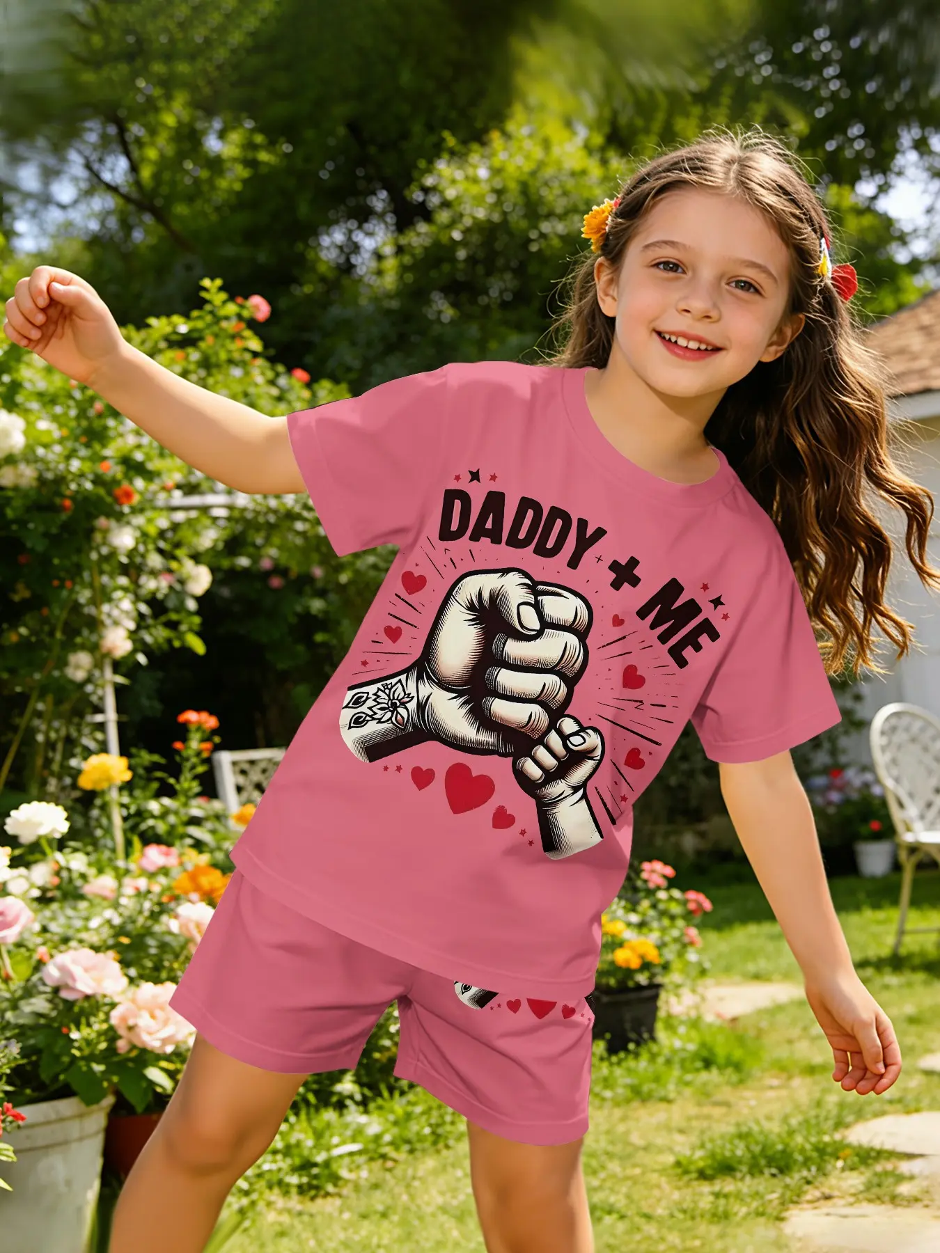 Digital printed set featuring soft pink base, fist bump heart graphics and fatherly love slogans; sweet and cute casual wear, a T-shirt and shorts set suitable for daily wear and outdoor sports, a perfect gift for little girls