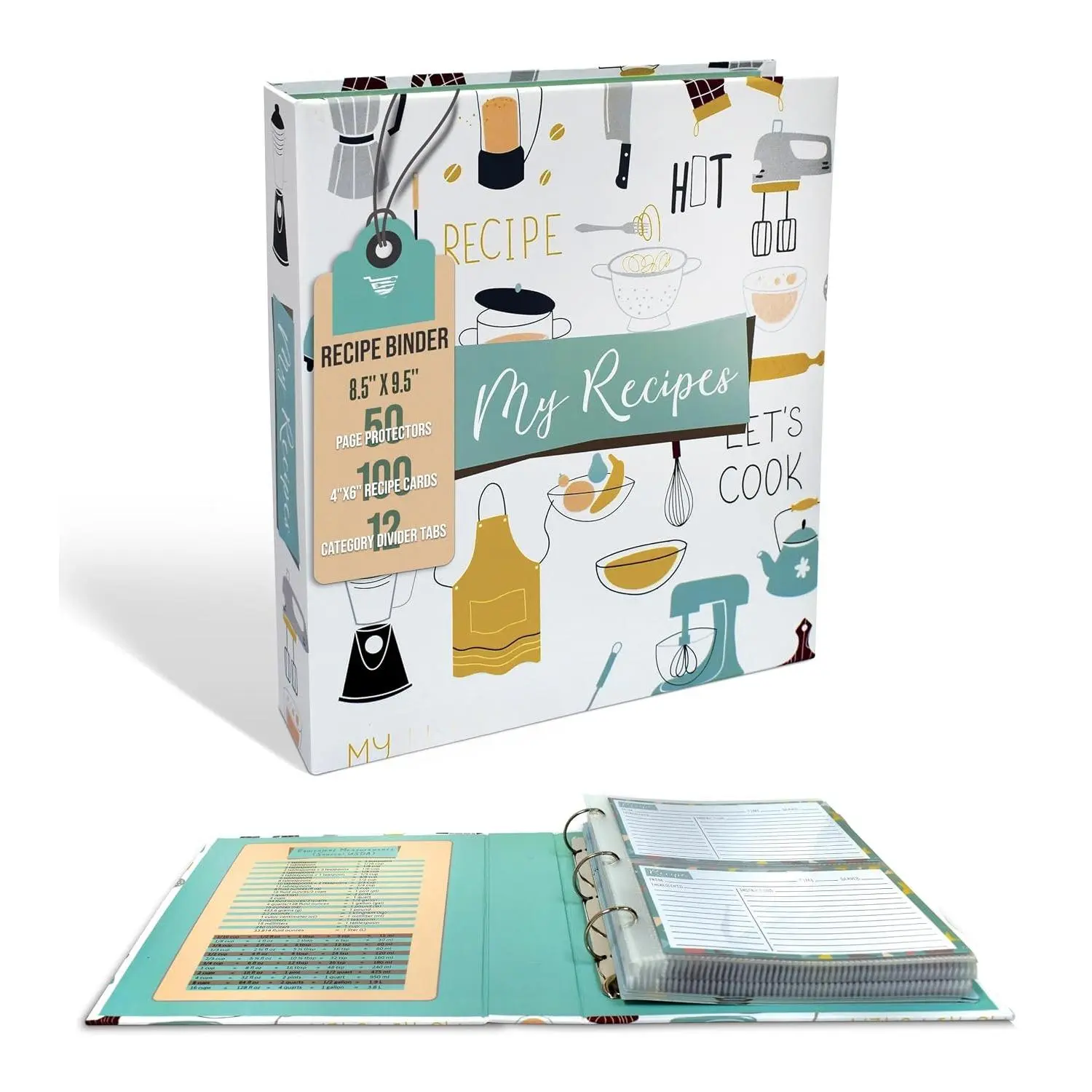 Recipe Binder Organizer Set - 8.5"x9.5" 3-Ring Binder with Complementary Theme Design, 50 Page Protectors, 100 4"x6" Recipe Cards, 12 Stain-Resistant Printed Tabs