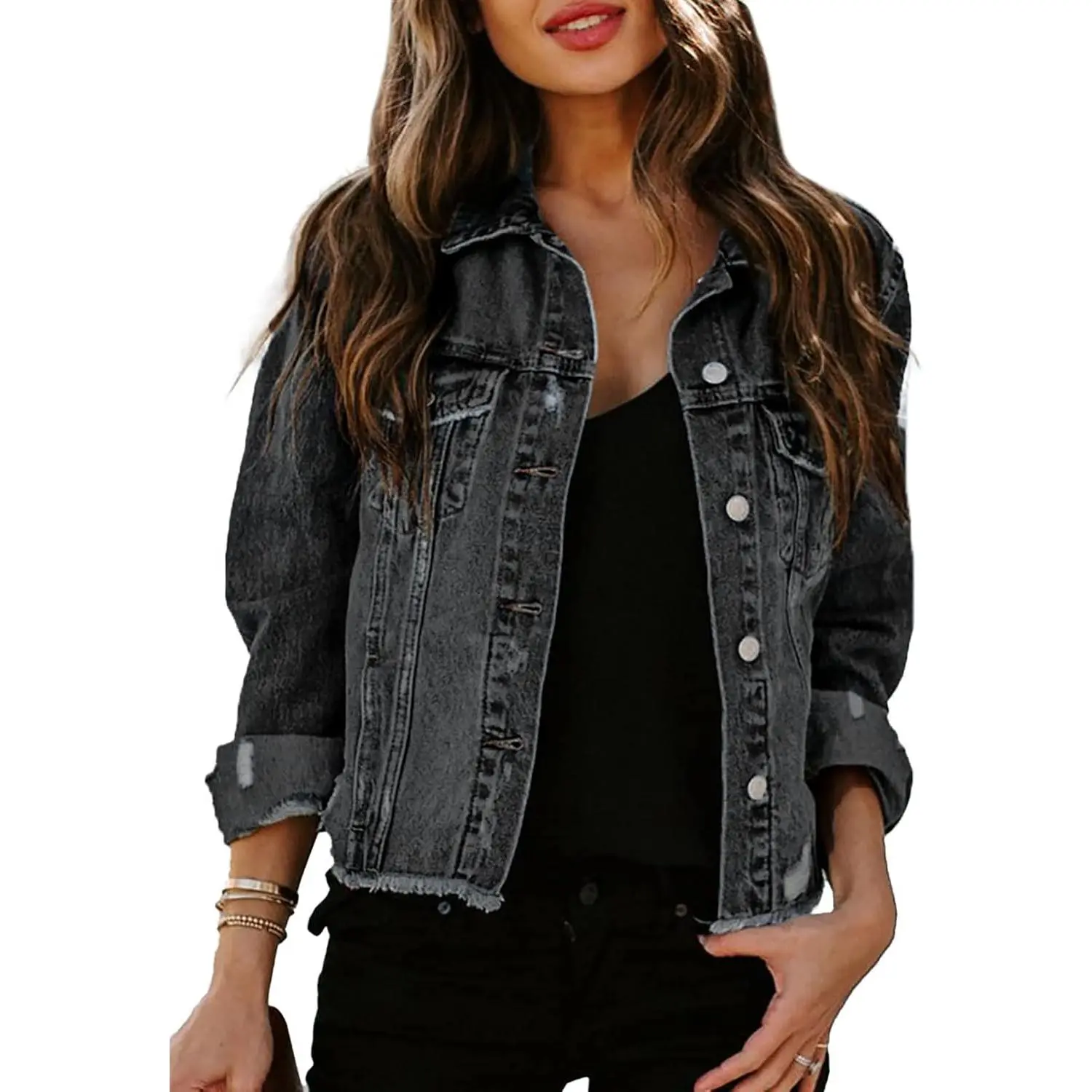 Women's Denim Jacket Long Sleeve Button Distressed Ripped Jean Coat