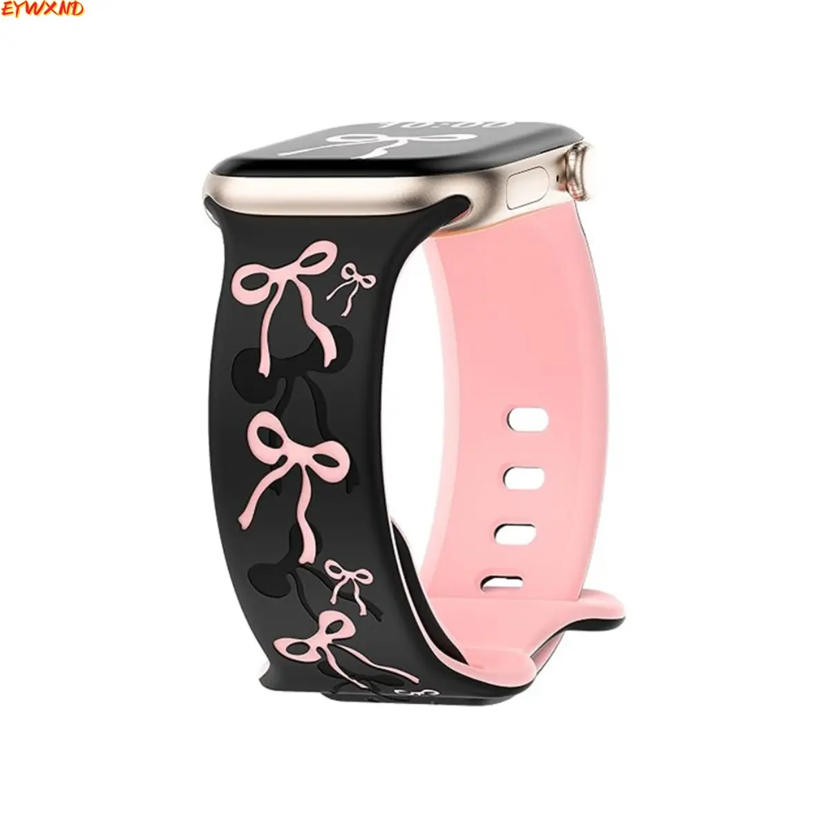 Black Pink Bow Engraved Silicone Watch Band, Two-Tone Coquette Ribbon Bow Knot Embossed Replacement Strap, Soft Sport Wristband Compatible with Smart Watch, Women Girly Accessories
