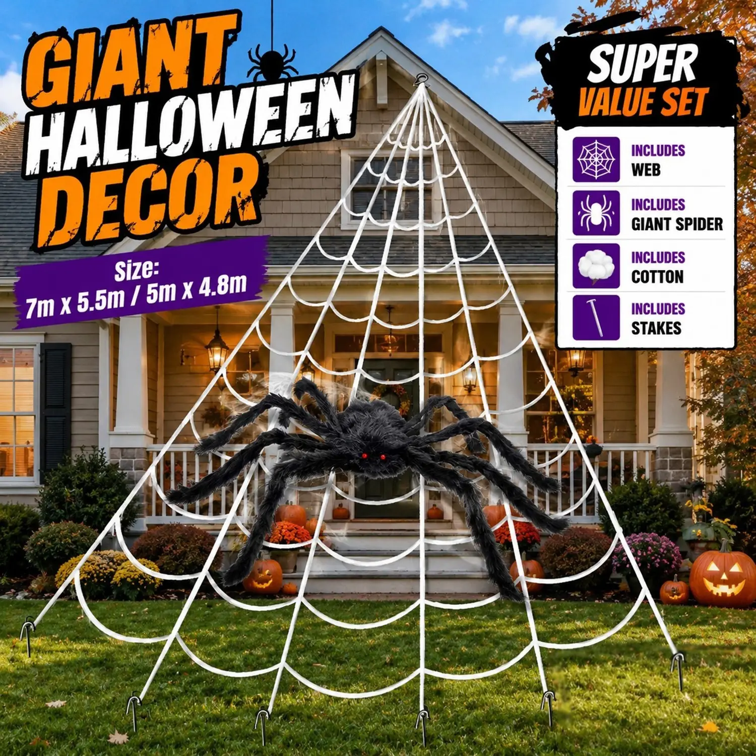 90cm Plastic Triangular Spider Web Halloween Decoration Set - Fake Giant Spider, Stretch Web, Fur Props for Indoor, Outdoor Lawn, Porch Haunted House Decor