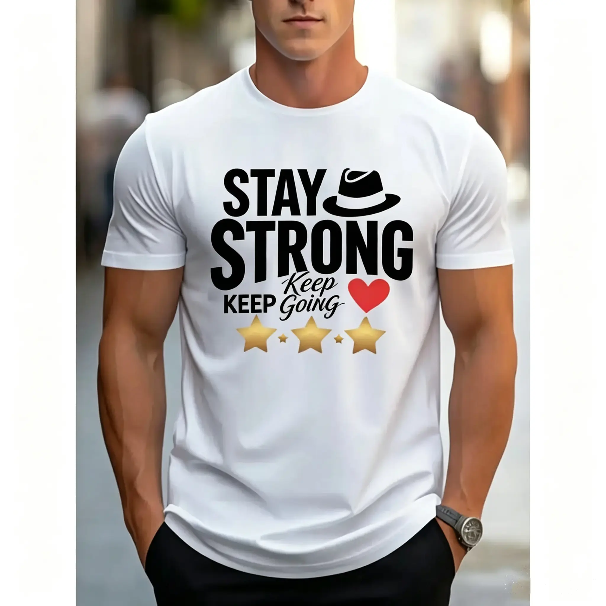 Men’s American Trendy Crew Neck T-Shirt With Stay Strong Motivational Print, Cool Streetwear Tee With Hat Heart Star Graphic, Ideal Daily Casual Outfit & Perfect Inspirational Gift For All Gentlemen