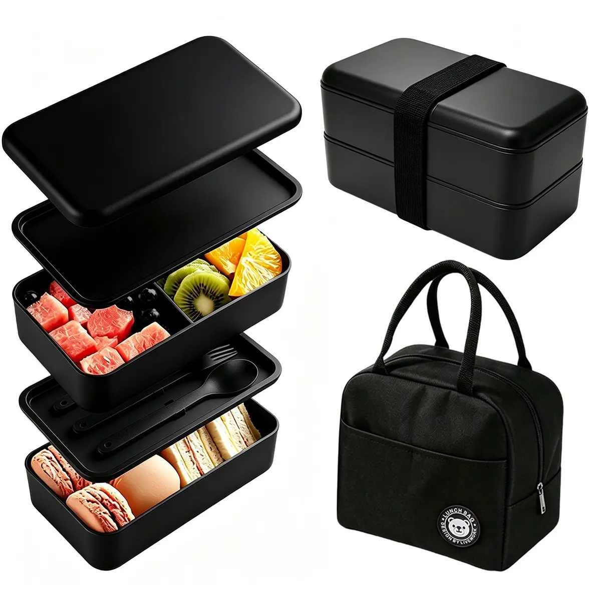 1 Set Black Double & Triple Layer Divided Bento Box Kit With Cutlery, Anti-Odour Separate Layers, Washable & Microwave Safe, Insulated Lunch Bag For Meal Prep, Work, School, Trip & Outdoor Use