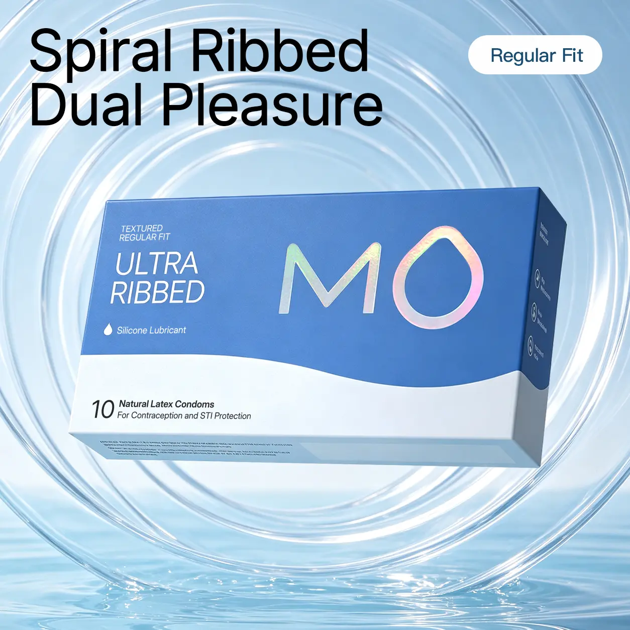 MO Ultra Ribbed Condoms for Her Pleasure, pH-Balanced for Sensitive Skin, 100% Natural Latex, 10 Count
