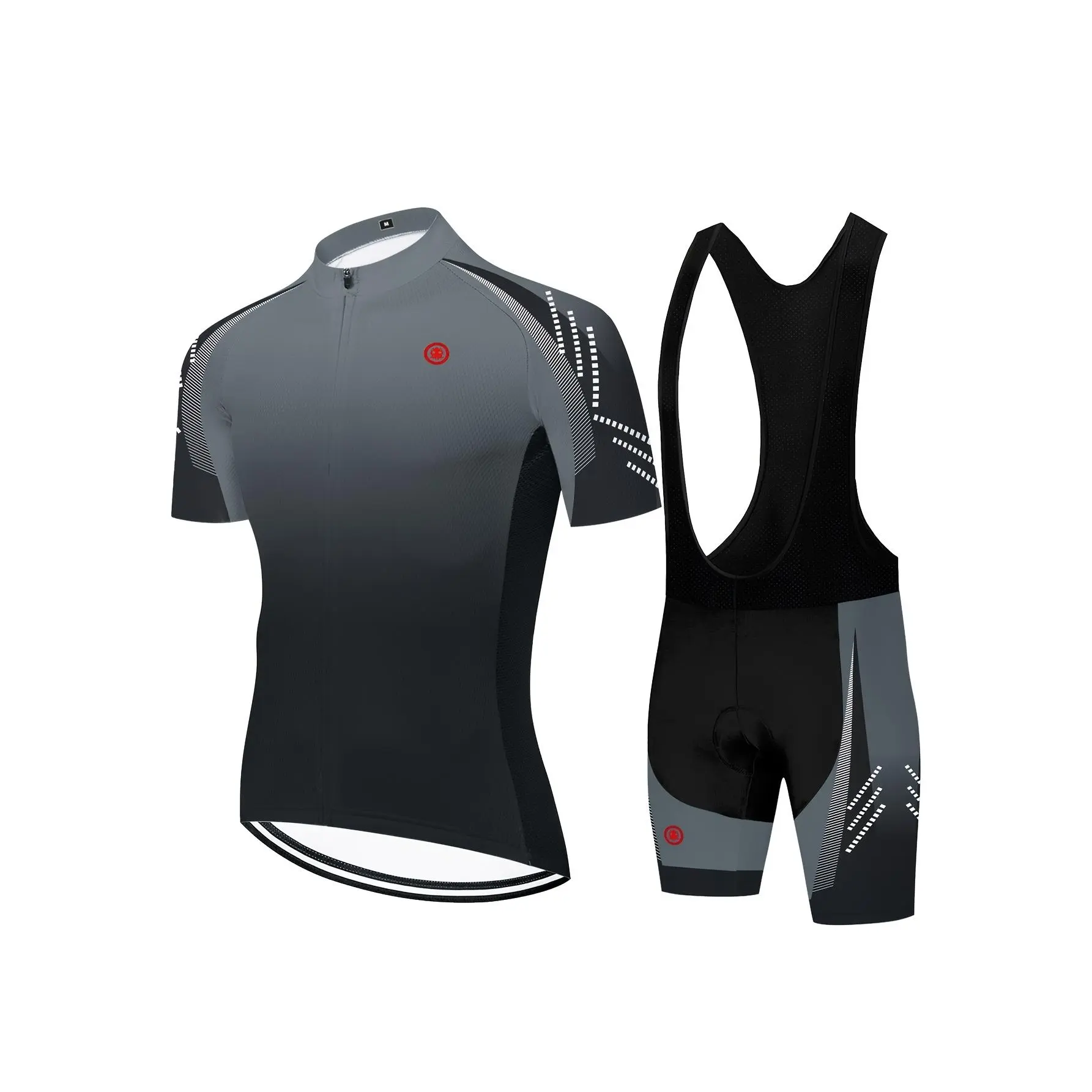 New grey gradient geometric print comfortable men's cycling suit set with breathable short-sleeved cycling suit featuring three rear pockets, summer men's quick-drying tight cycling jersey and black belt shorts for cycling shorts, 20D seat cushion