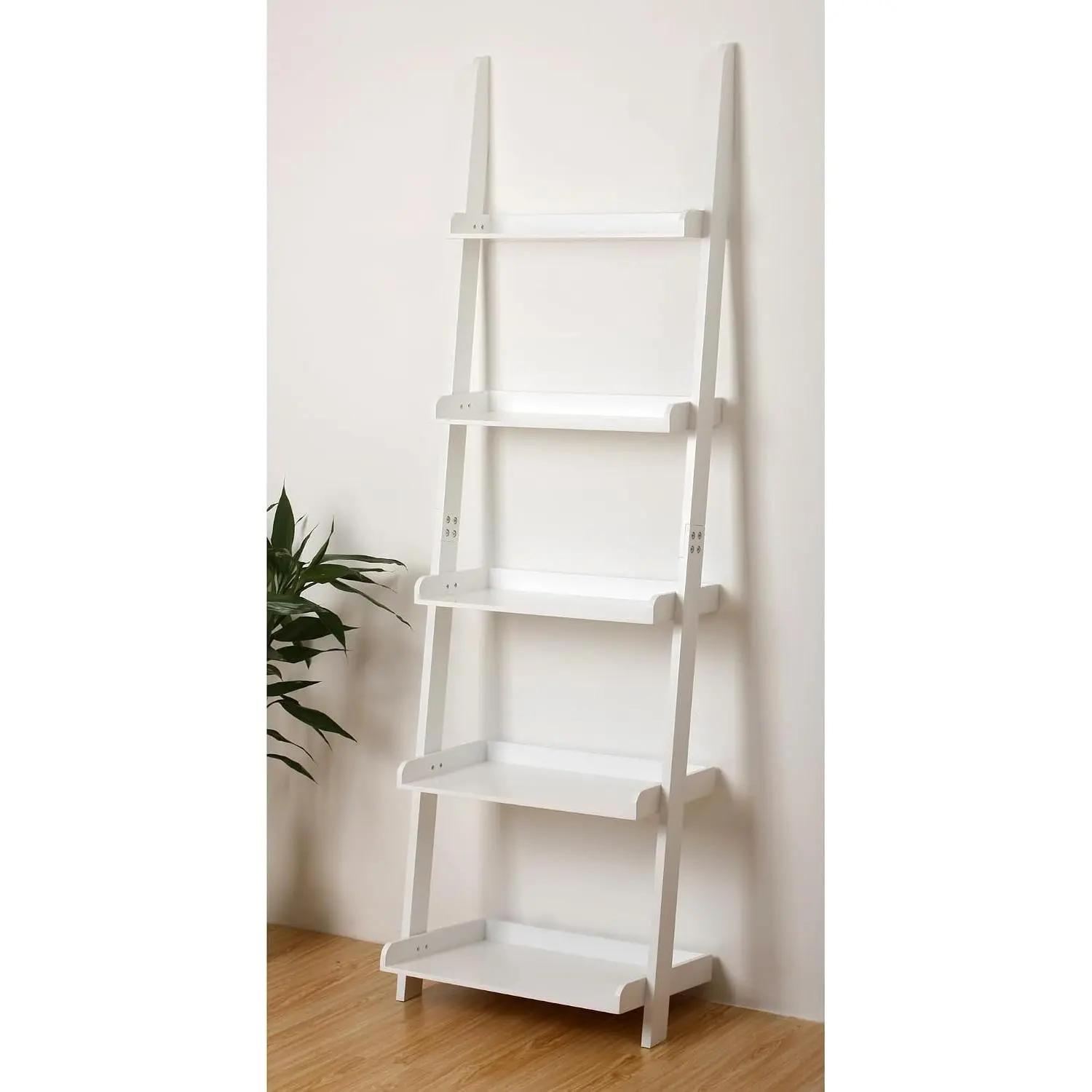 5 Tier Wall-Leaning Ladder Bookshelf, White, 70 Inches | Modern, Storage Rack, Organizer