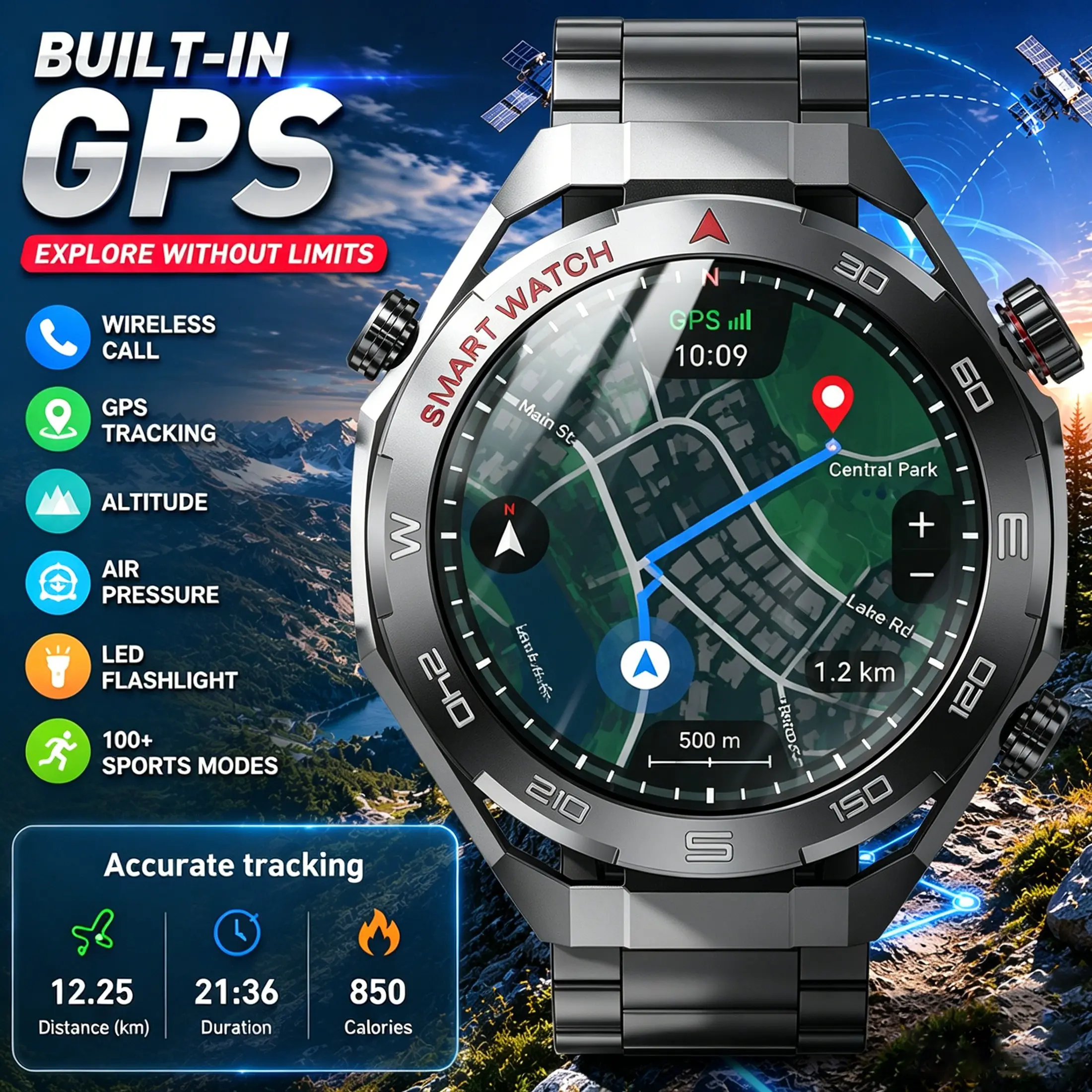 2026 new GPS positioning sports men's smart watch-1.5-inch HD full touch screen, with LED flashlight, altitude/air pressure measurement function, support wireless calls, 100+exercise modes, fitness tracker suitable for iPhone and Android phones