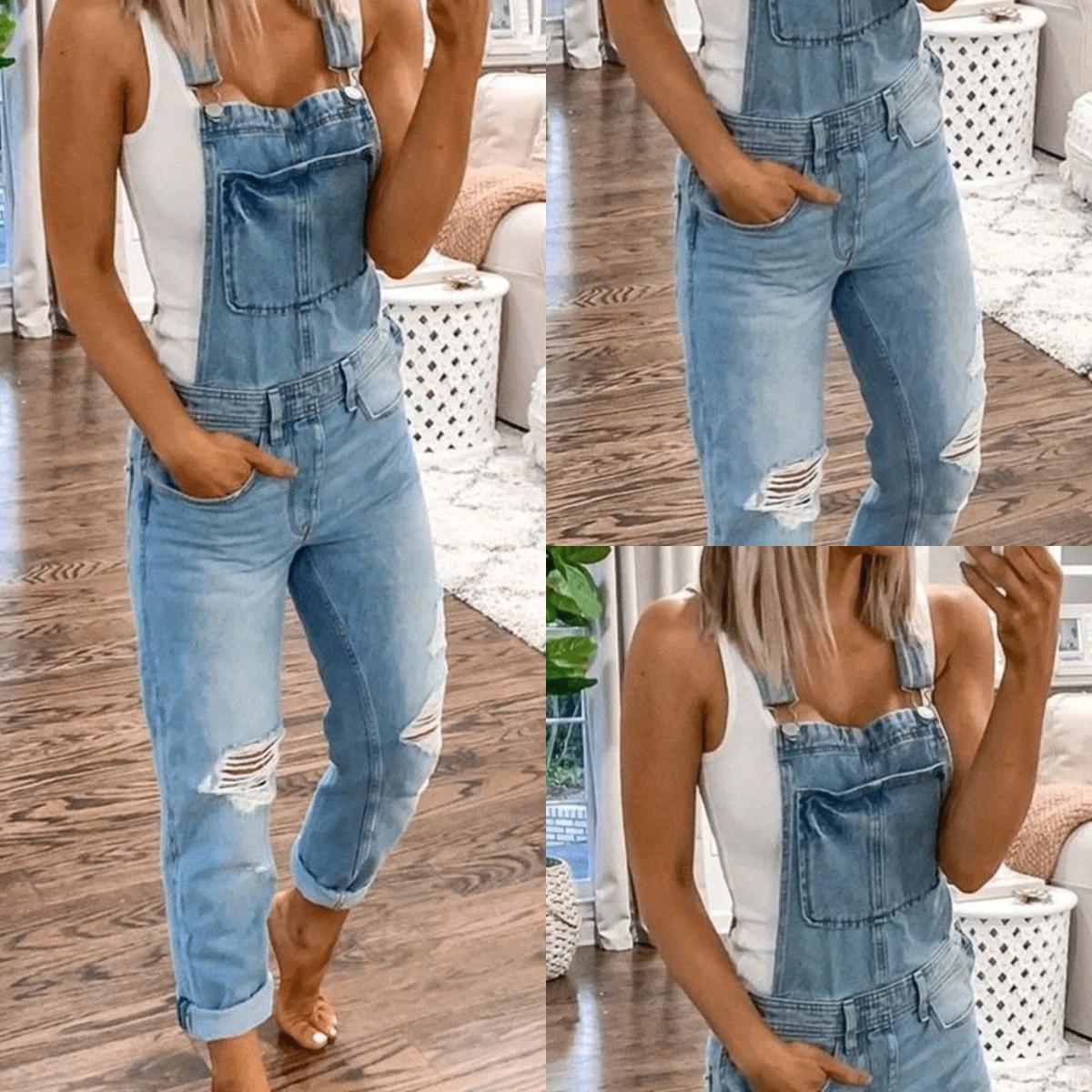 Women's Ripped  Bib Overalls Adjustable Straps Pockets Jean Rompers Casual Distressed Jeans Fit Jumpsuits   Style Sports Double Shoulder Strap Ripped  Jumpsuit Women's Casual Wear Dungarees Comfort rompers women romper Womenswear Basic
