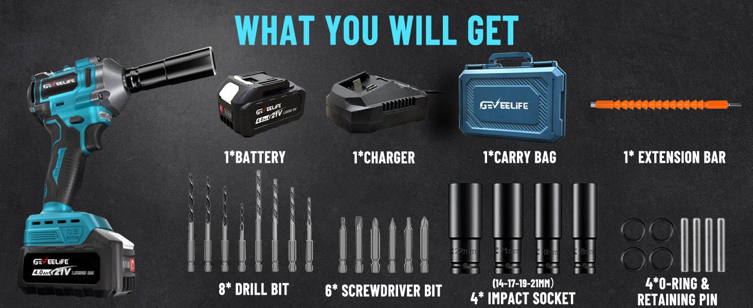 450N.m/332Ft-lbs Brushless Impact Wrench,1/2" Cordless Impact with 4.0Ah Battery & 6 Sockets, Electric Impact Driver for Car/DIY Furniture/Lawn Mower/blue (450N)