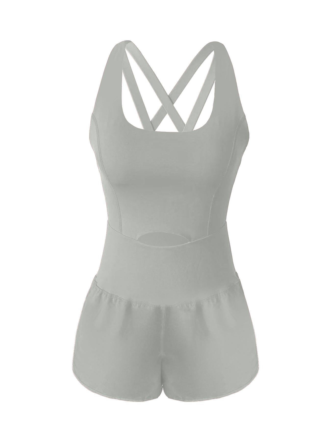 Women's Solid Color Racer Back Sports Romper with Removable Chest Pad, Casual Comfy Breathable Sleeveless Jumpsuit for Yoga Gym Workout, Ladies Sportswear for All Seasons, Sporty Jumpsuit