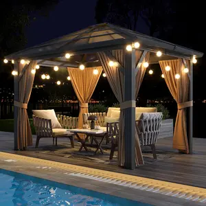 Durable Hardtop Gazebo for Outdoor Camping – Polycarbonate Roof, Sturdy Aluminum Frame, Galvanized Iron Columns, Netting & Curtains – Permanent Metal Pavilion – Ideal for Patio, Backyard, Deck, Garden – (10x12)