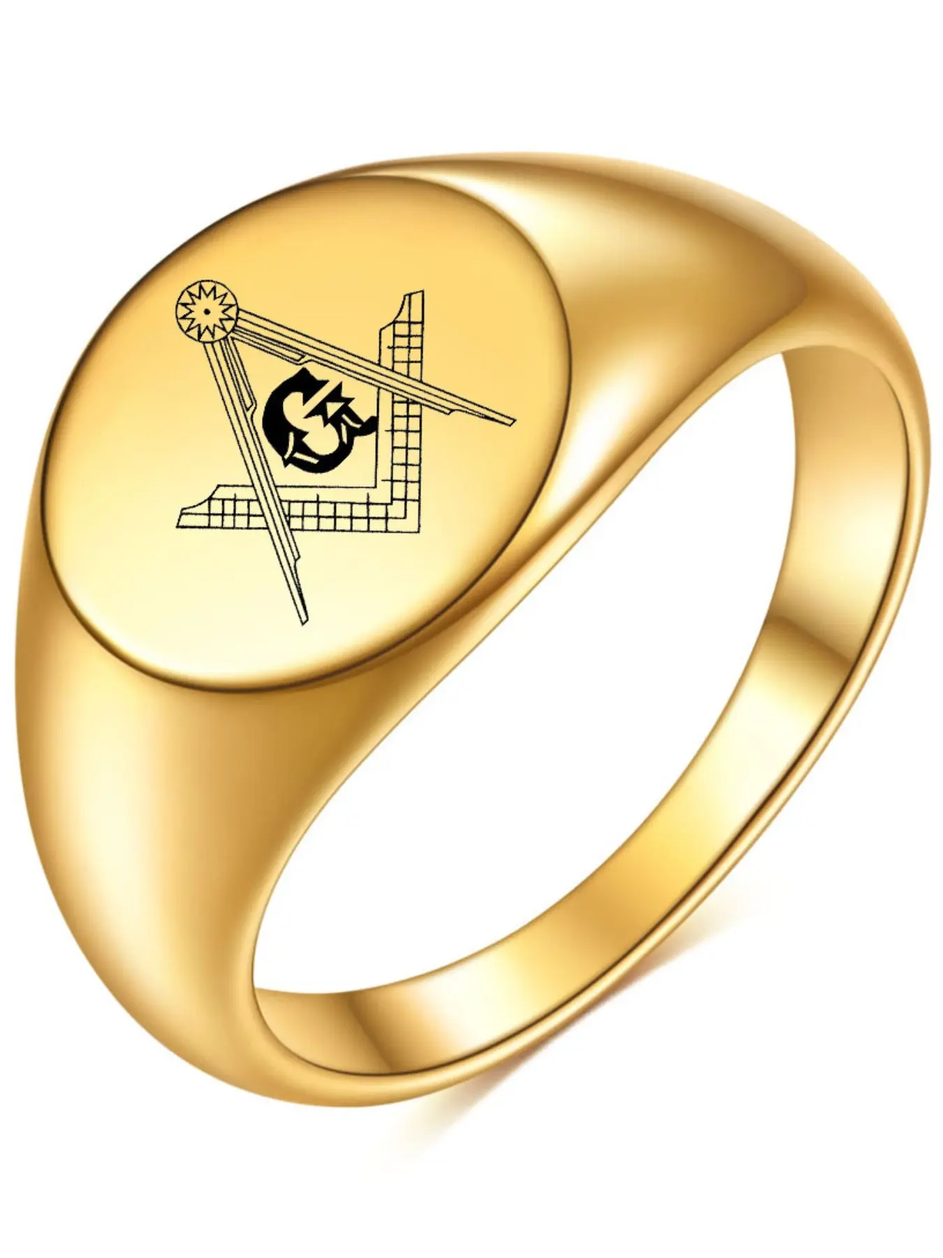 12mm Vintage 18k Laser Freemasonry Logo Ring, Stainless Steel Round Band, Elegant Jewelry for Men and Women, Fashion Rings