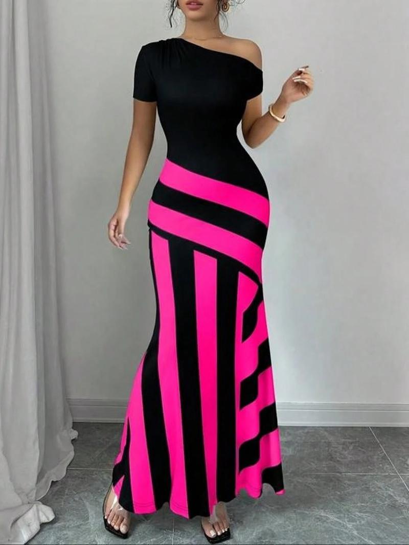 Valentine's Day Women's Colorblock  Asymmetrical Neck Mermaid Dress, Elegant Short  Sleeve   Dress for Party Holiday Wedding Guest, Ladies Summer Clothes