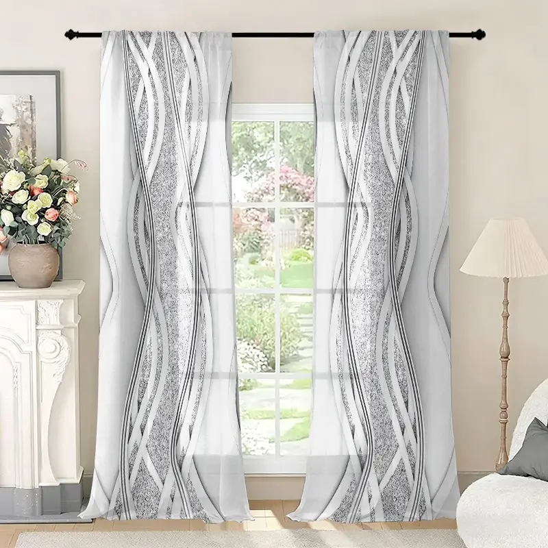 2pcs Modern Intertwined Silver Color Glitter Wave Printed Curtains, Polyester Sheer, Semi Transparent, Rod Pocket, Fade Proof, Washable